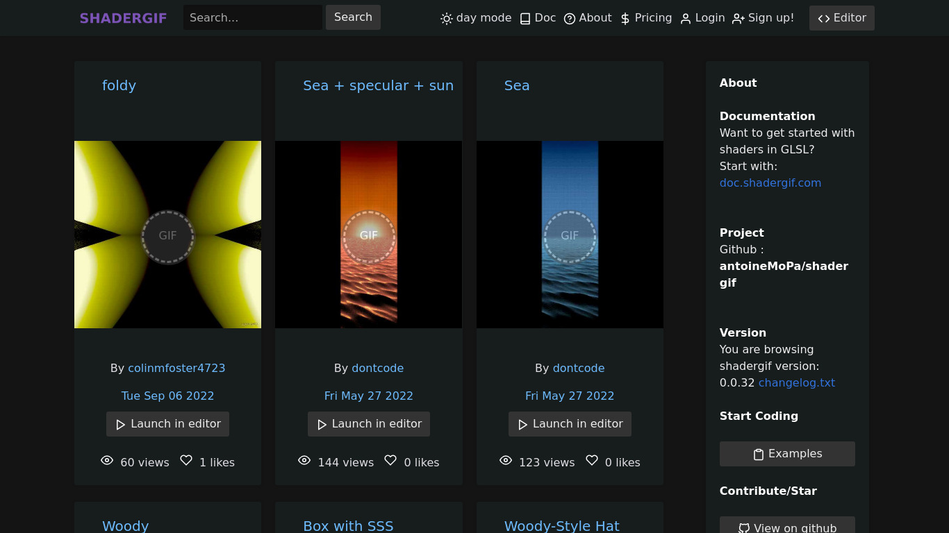 Shadergif Landing page
