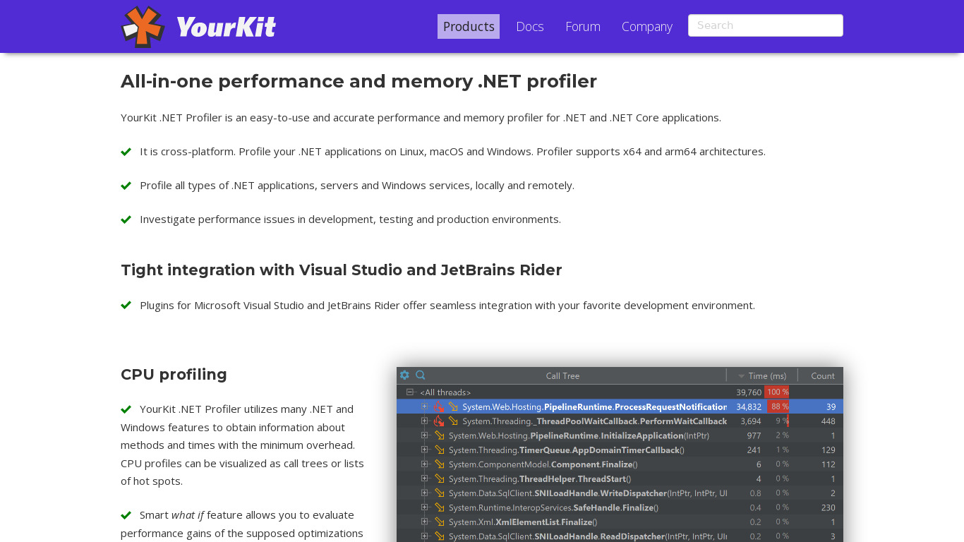 YourKit .NET Profiler Landing page
