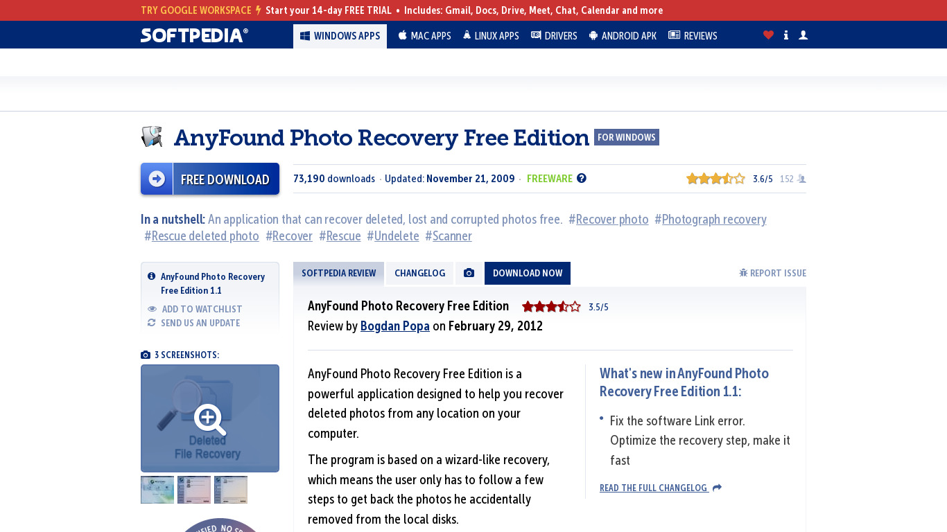 AnyFound Photo Recovery Landing page