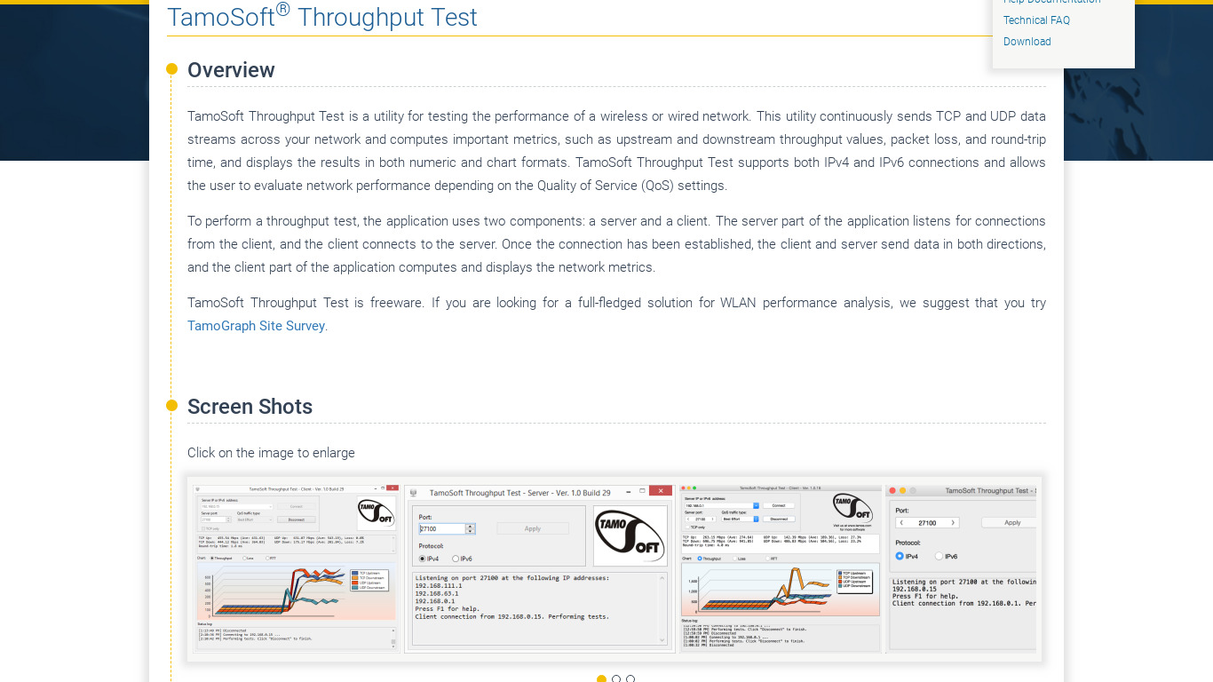 TamoSoft Throughput Test Landing page