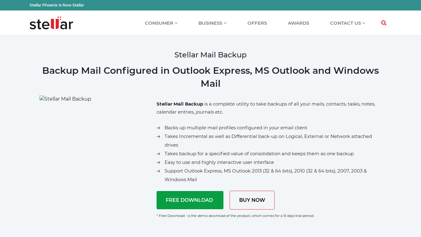 Stellar Mail Backup Landing page