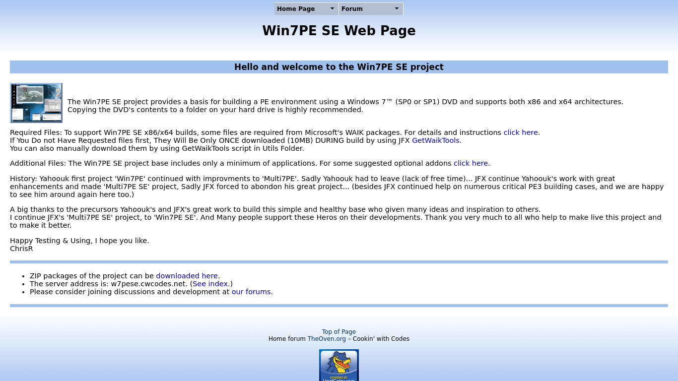 Win7PE SE Landing page
