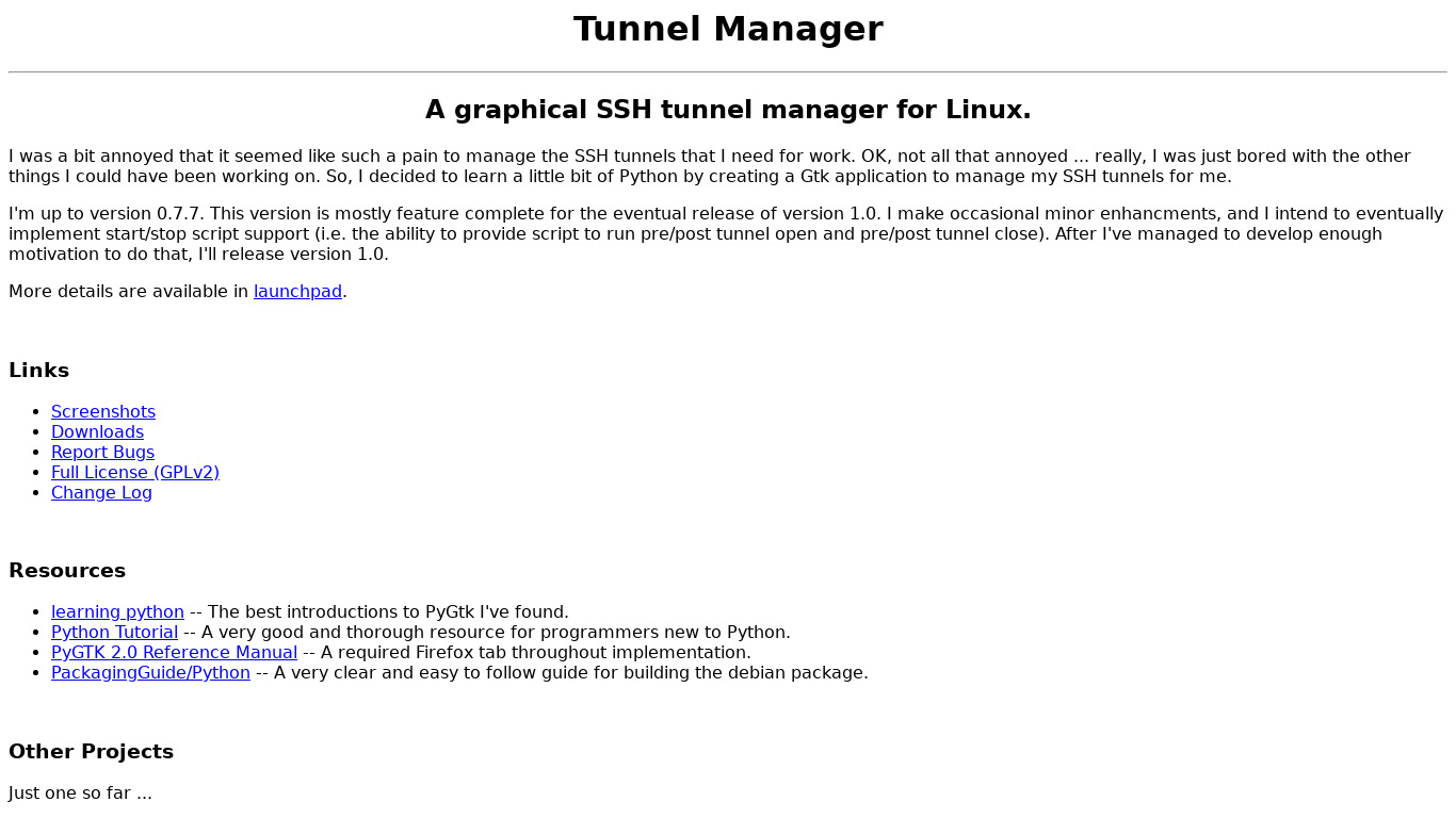 Tunnel Manager Landing page