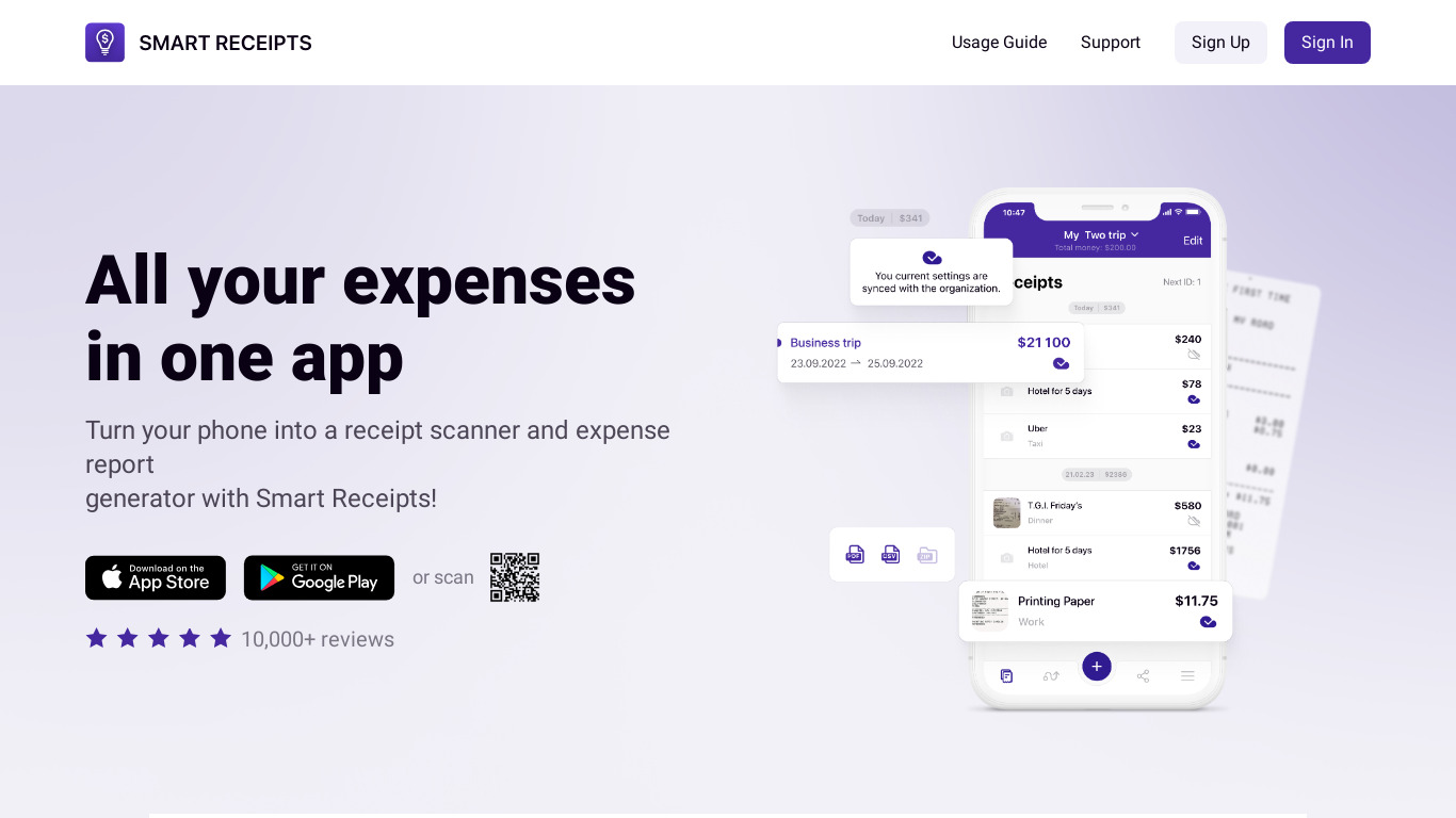 Smart Receipts Landing page