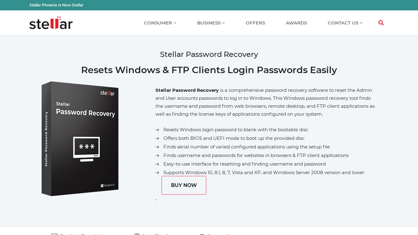 Stellar Phoenix Password Recovery Landing page