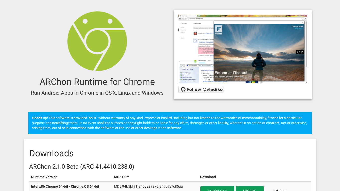 ARChon Runtime for Chrome Landing page