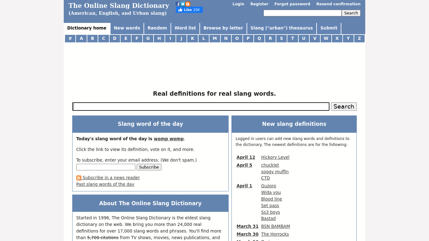 The Online Slang Dictionary Landing page