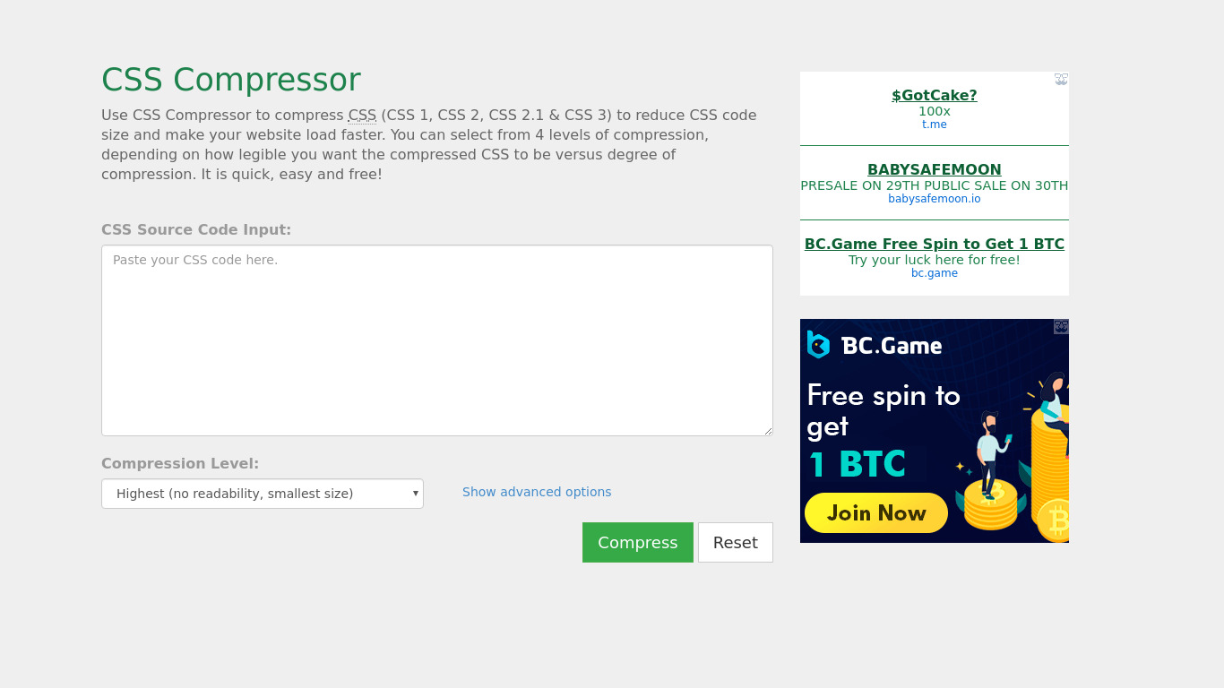CSS Compressor Landing page
