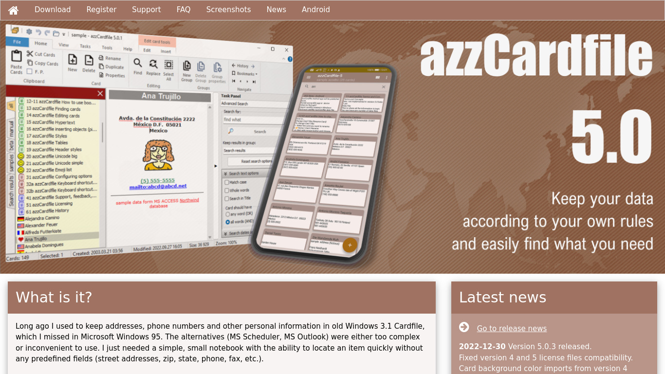 AZZ Cardfile Landing page