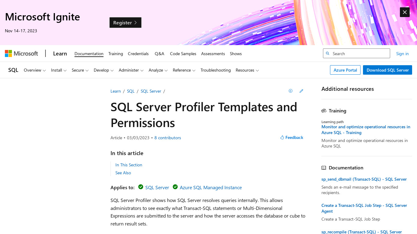 Sql Server Profiler Landing page