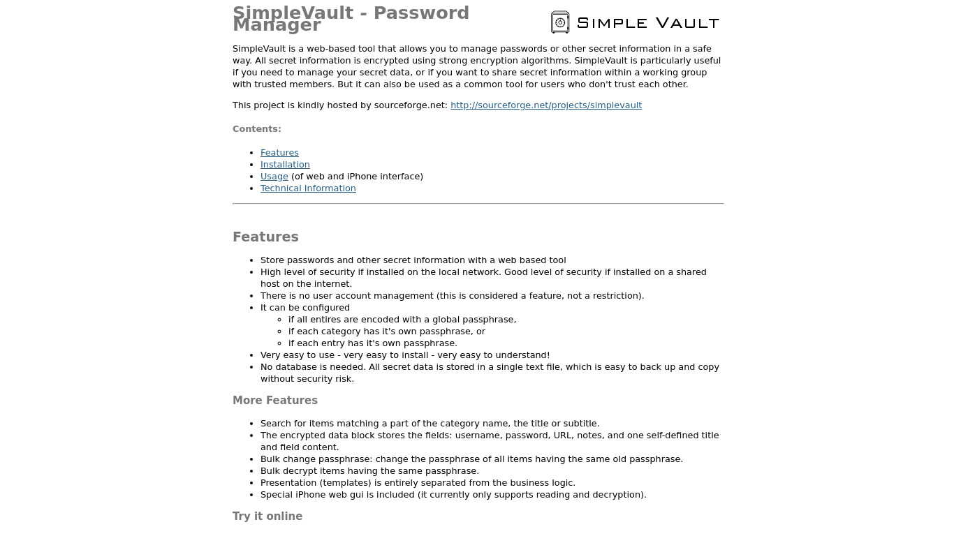 SimpleVault Landing page