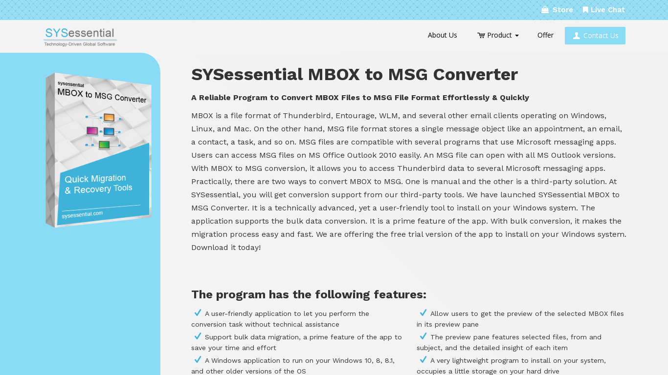SYSessential MBOX to MSG Converter Landing page