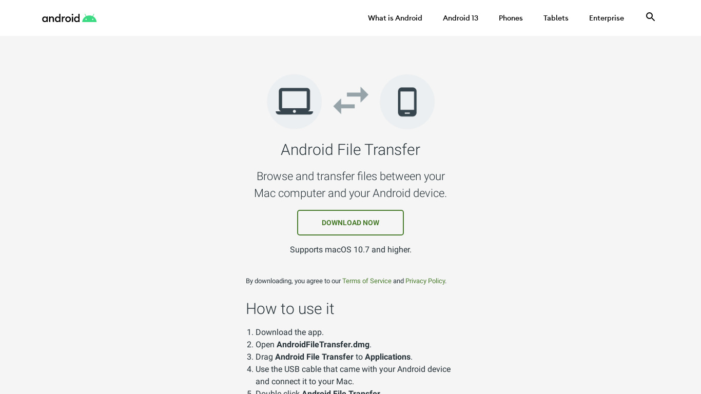 Android File Transfer Landing page