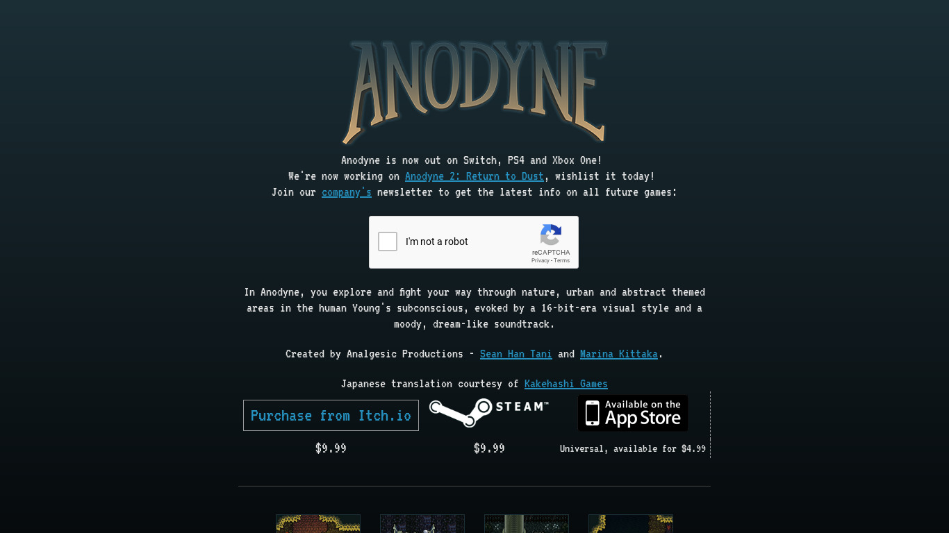 Anodyne Landing page