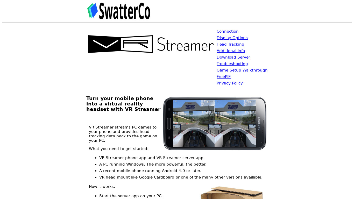 SwatterCo VR Streamer Landing page