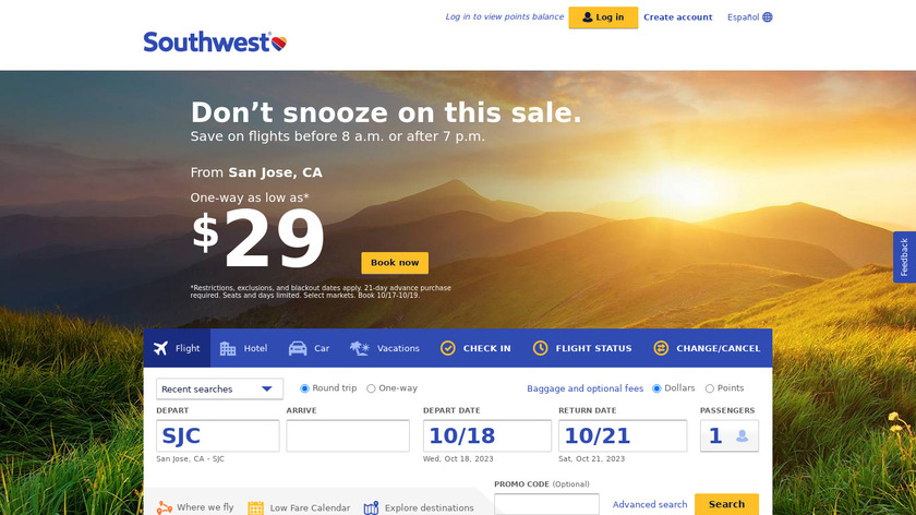 Southwest Airlines Landing Page