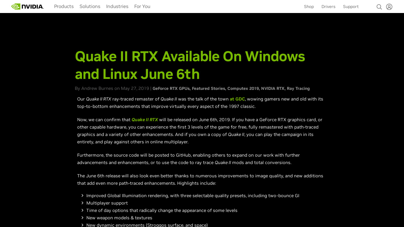Quake II RTX Landing page