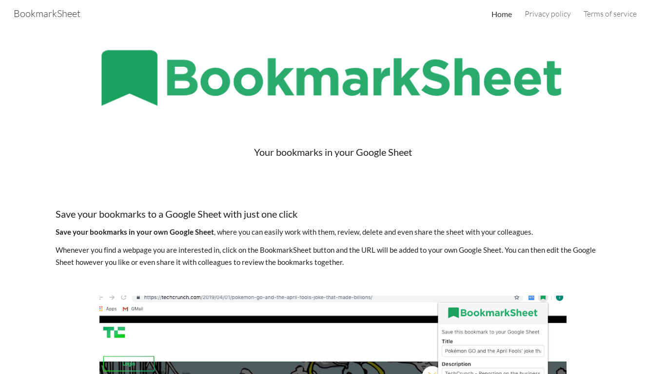 BookmarkSheet Landing page