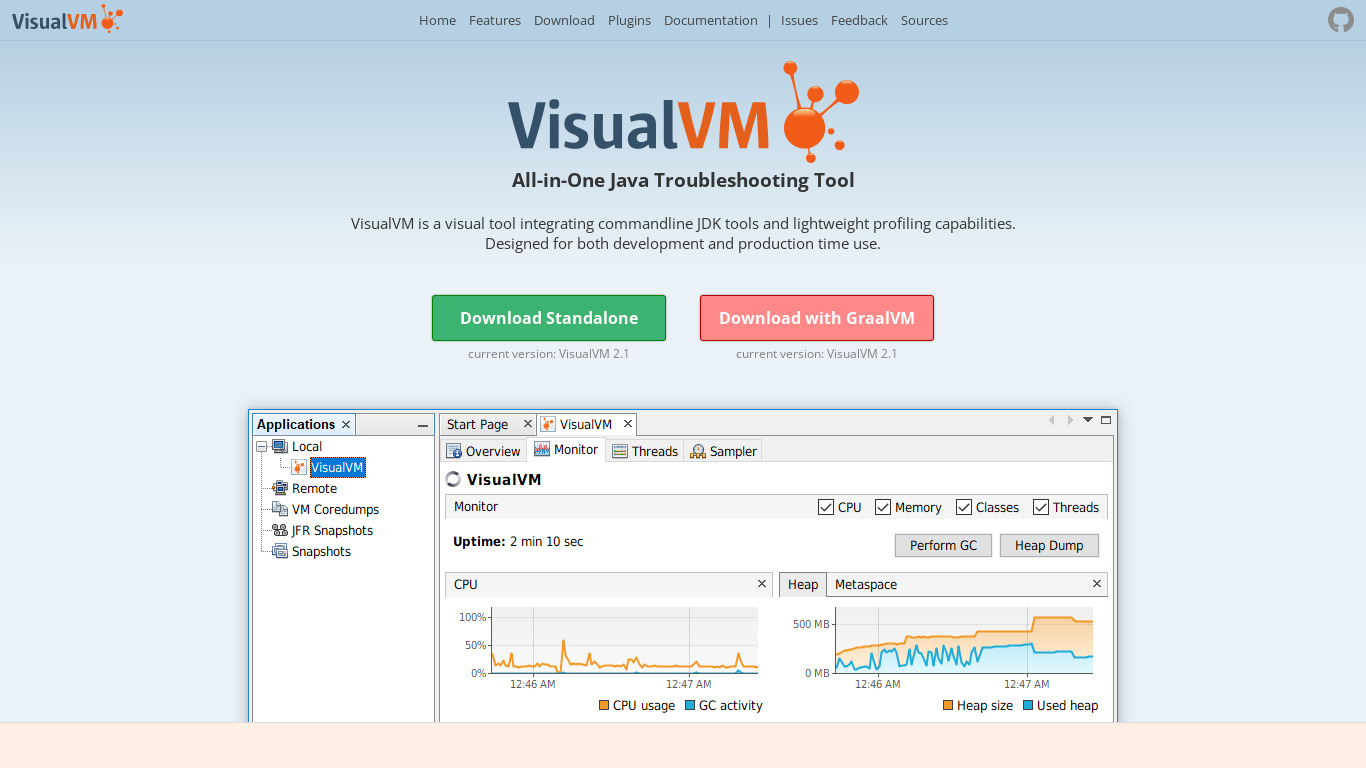 VisualVM Landing page
