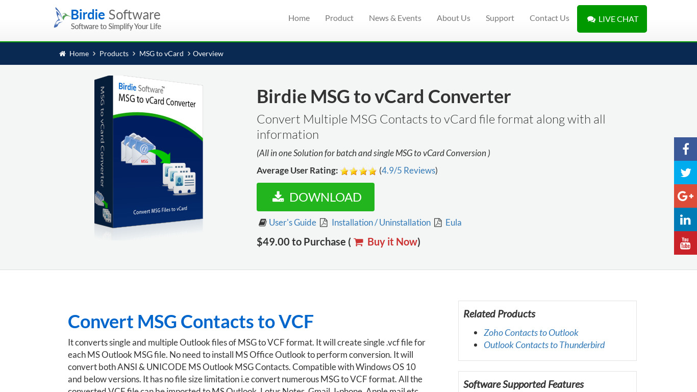 Birdie MSG to vCard Converter Landing page