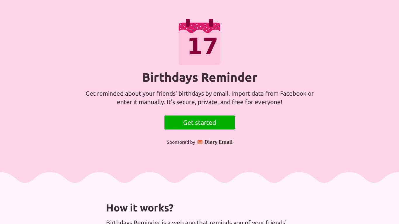 Birthdays Reminder Landing page
