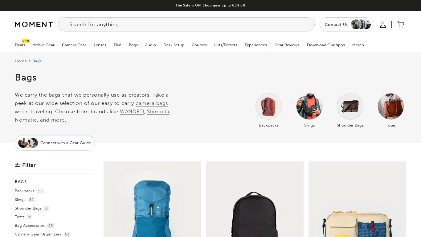 Moment Bags Landing page