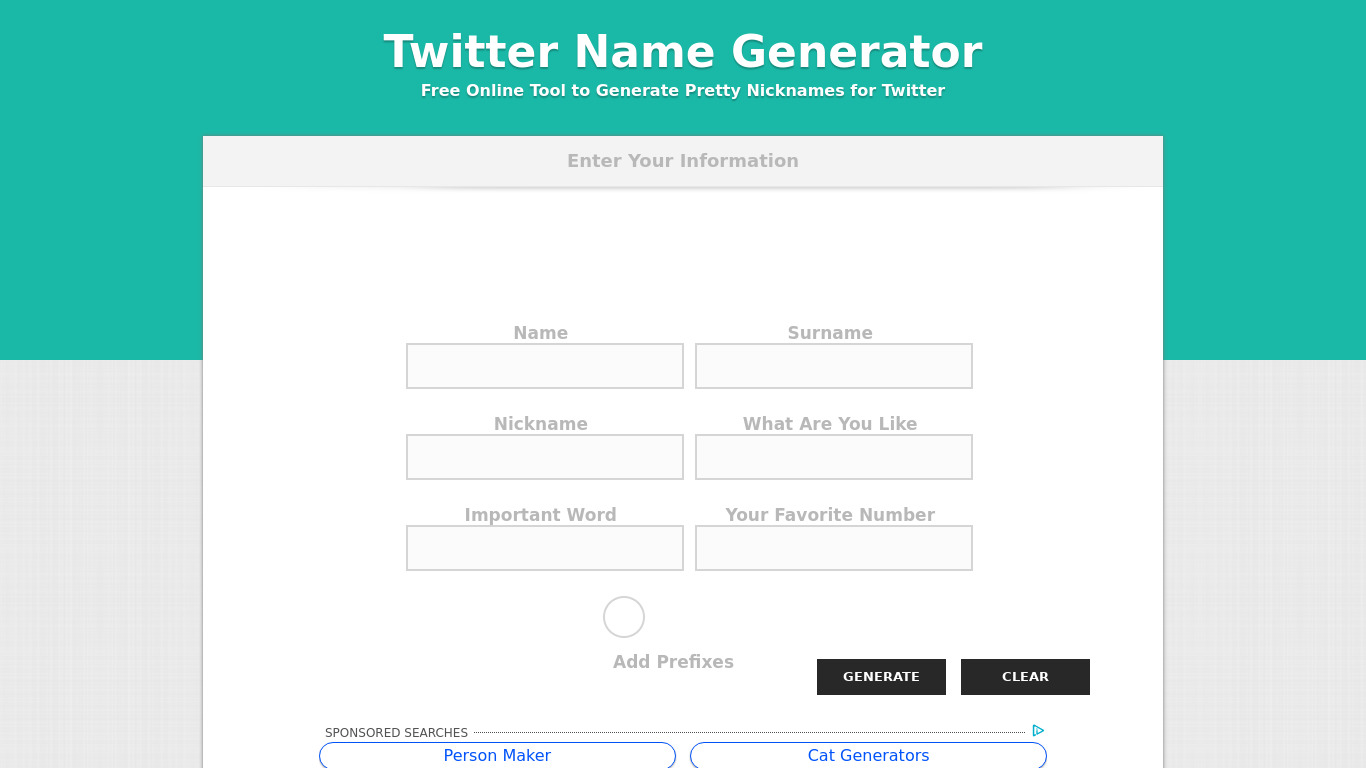Twitter Name Generator Landing page