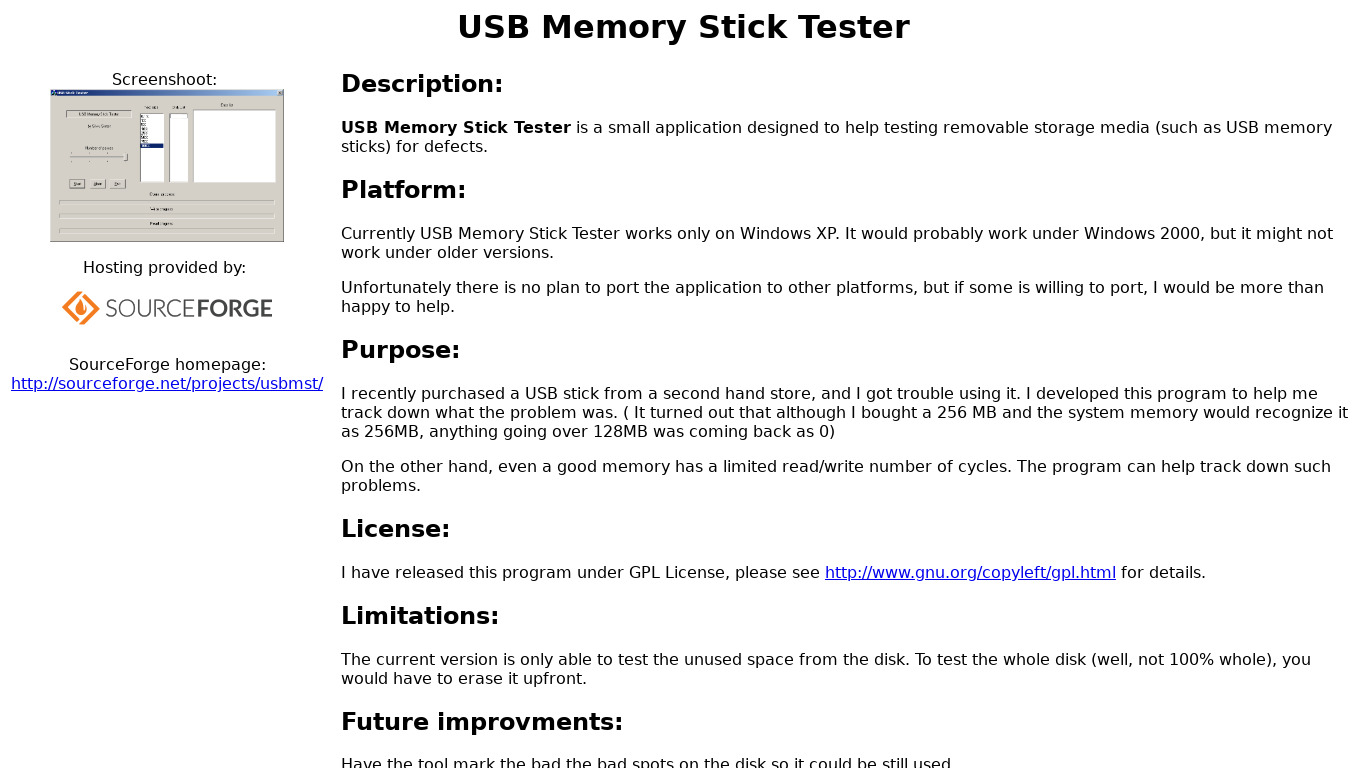 USB Memory Stick Tester Landing page