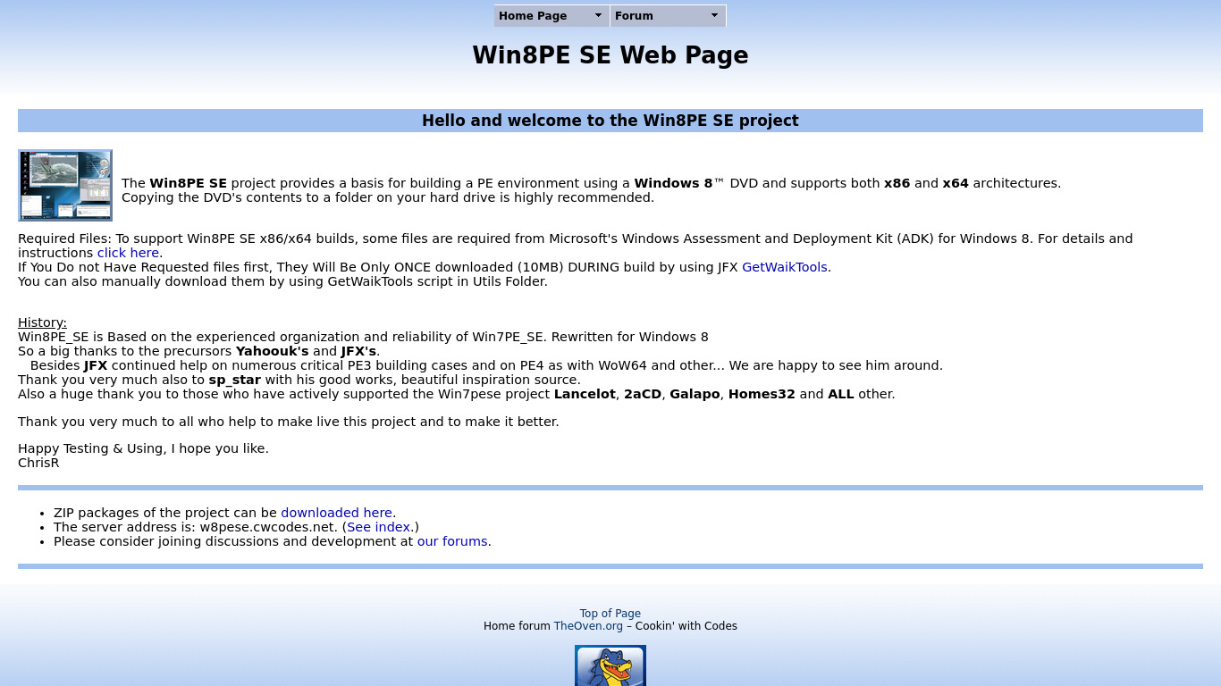 Win8PE SE Landing page