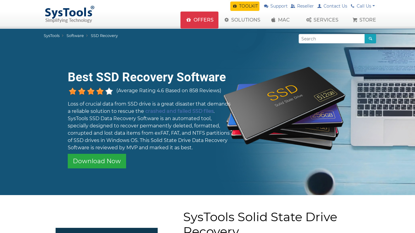 SysTools SSD Data Recovery Tool Landing page