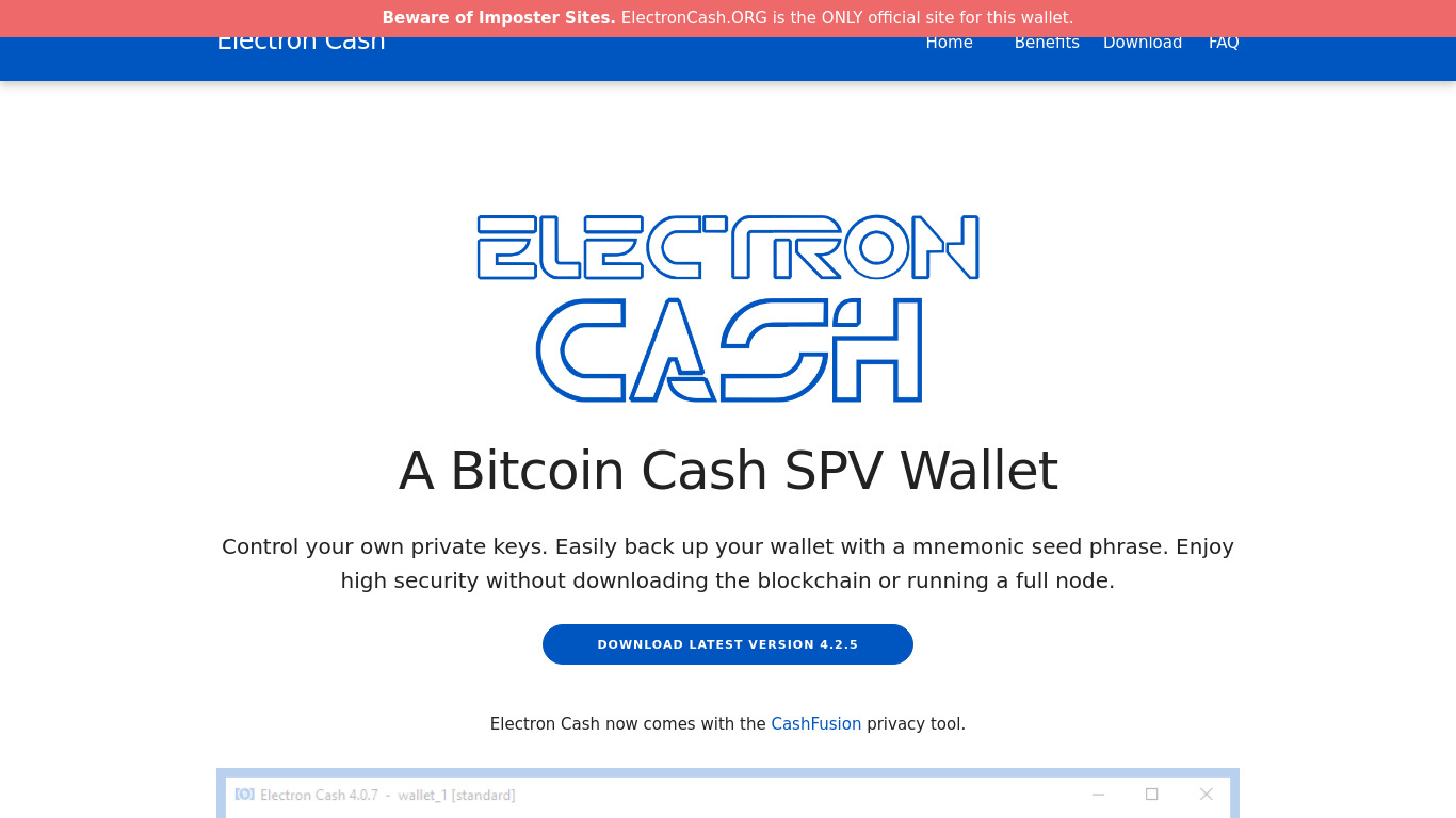Electron Cash Landing page