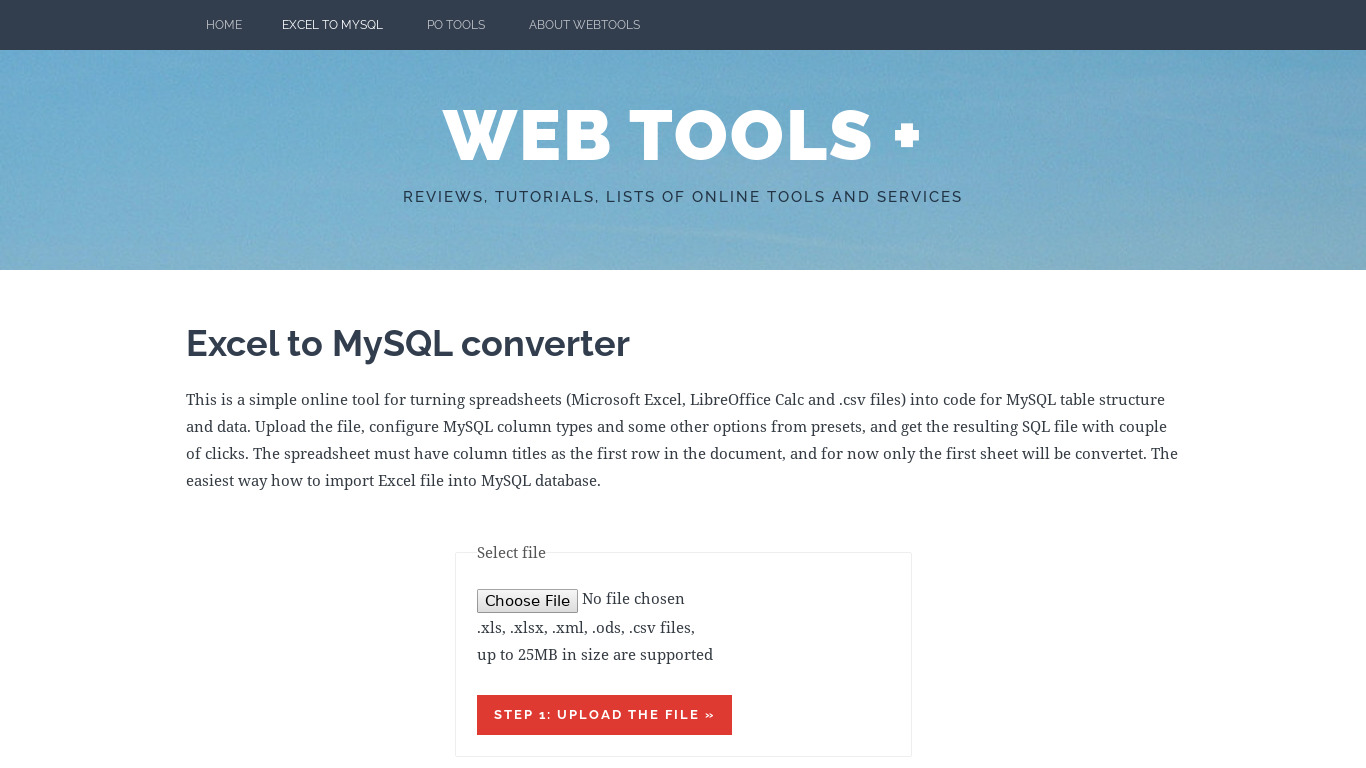 Excel to MySQL converter Landing page