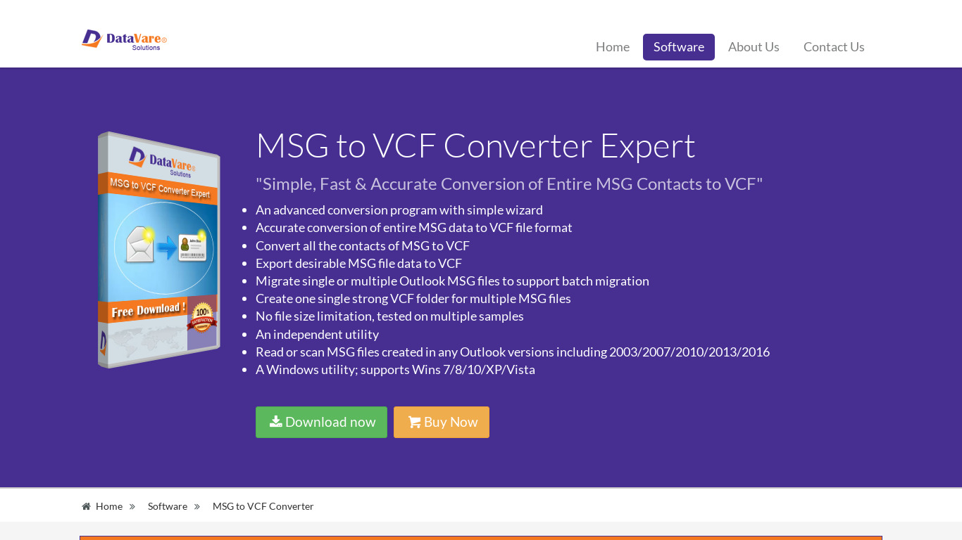 DataVare MSG to VCF Converter Landing page