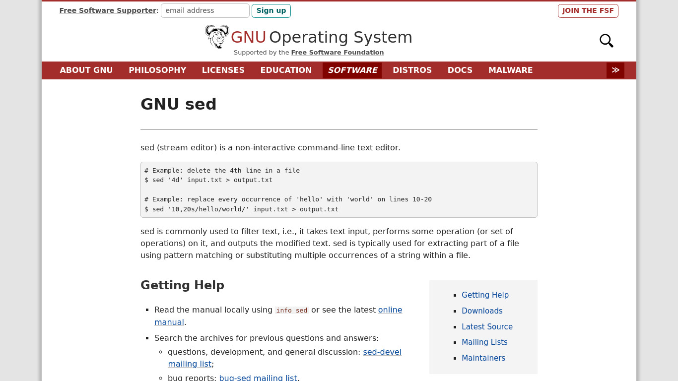 GNU sed Landing page