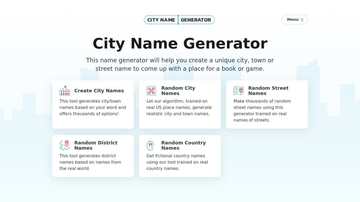 City Name Generator Landing page