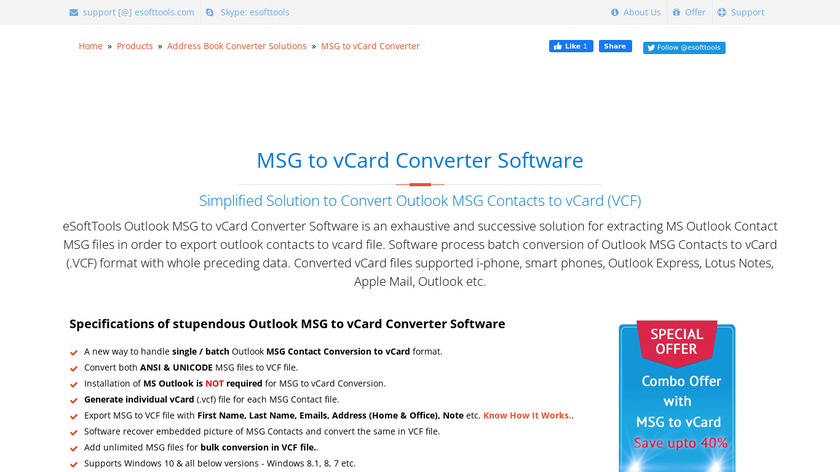 eSoftTools MSG to vCard Converter Landing Page