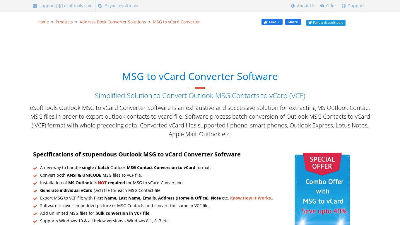 eSoftTools MSG to vCard Converter Landing page