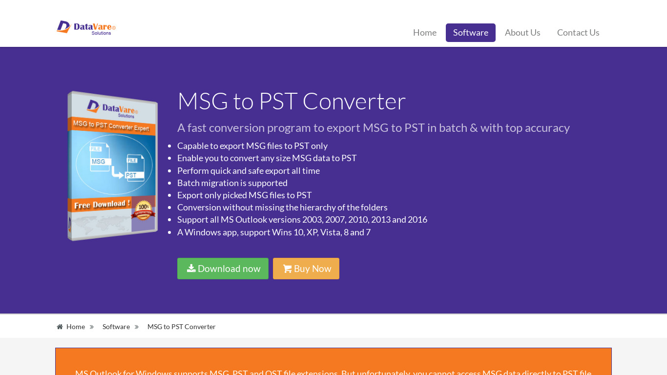 DataVare MSG to PST Converter Landing page