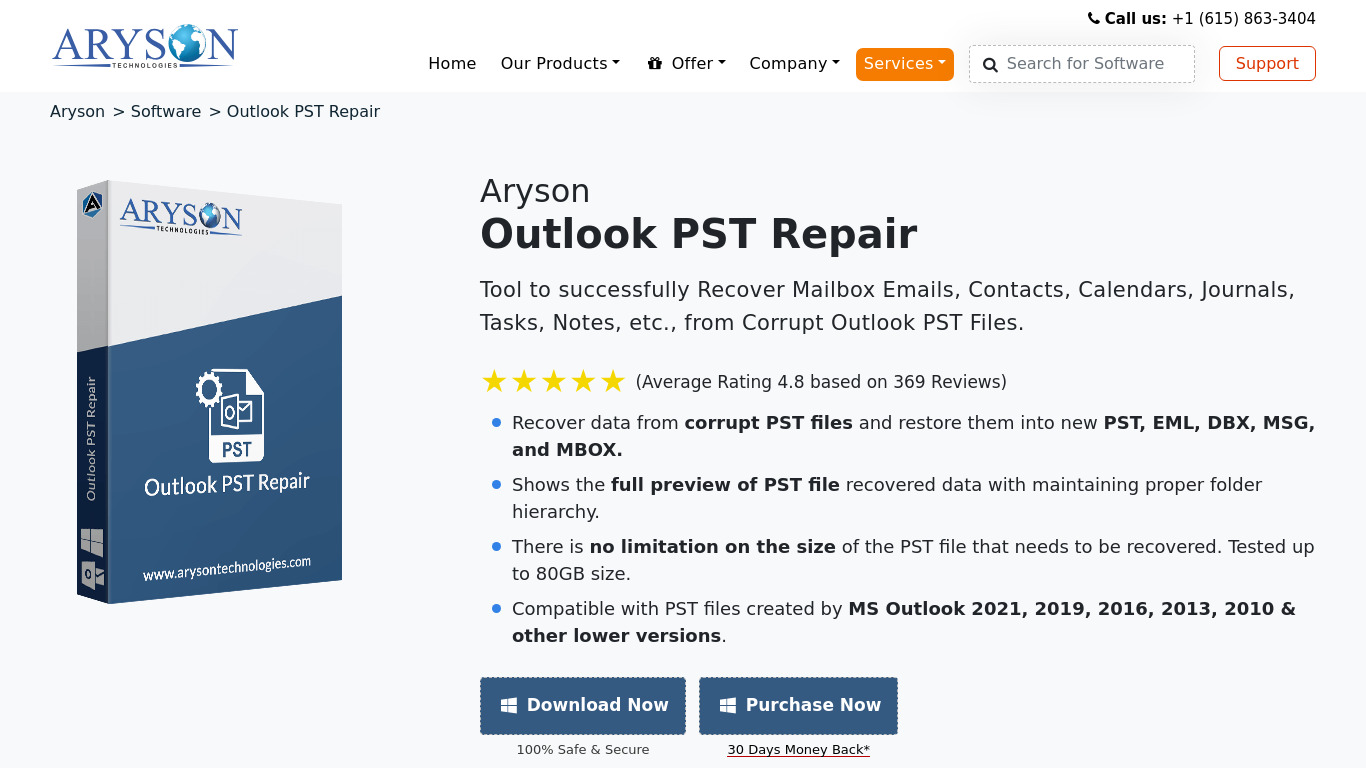 Aryson Outlook PST Repair Landing page