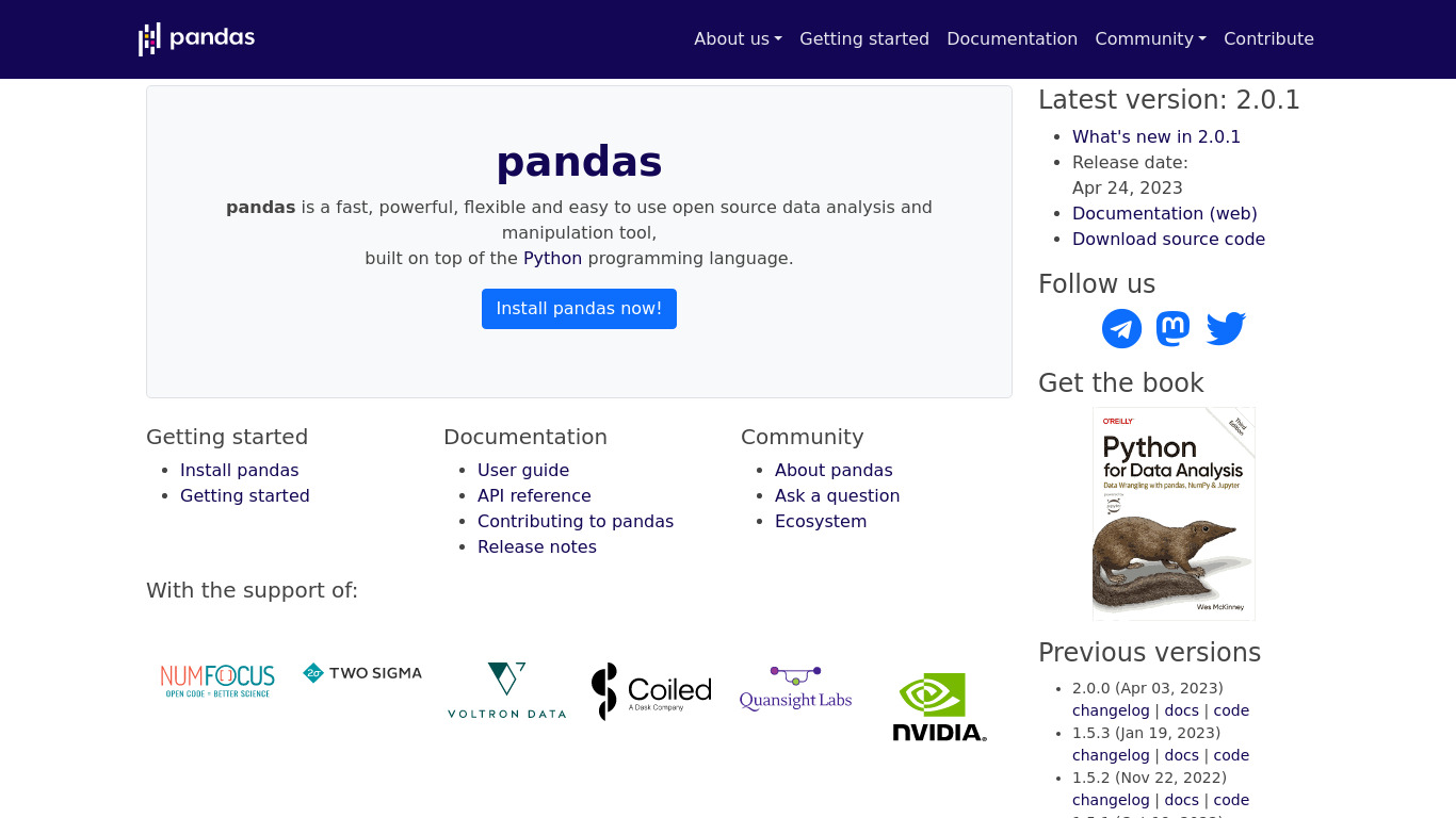 Pandas Landing page