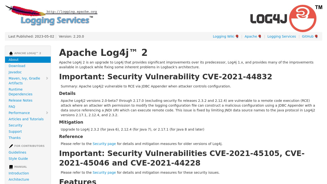 Apache Log4j Landing page