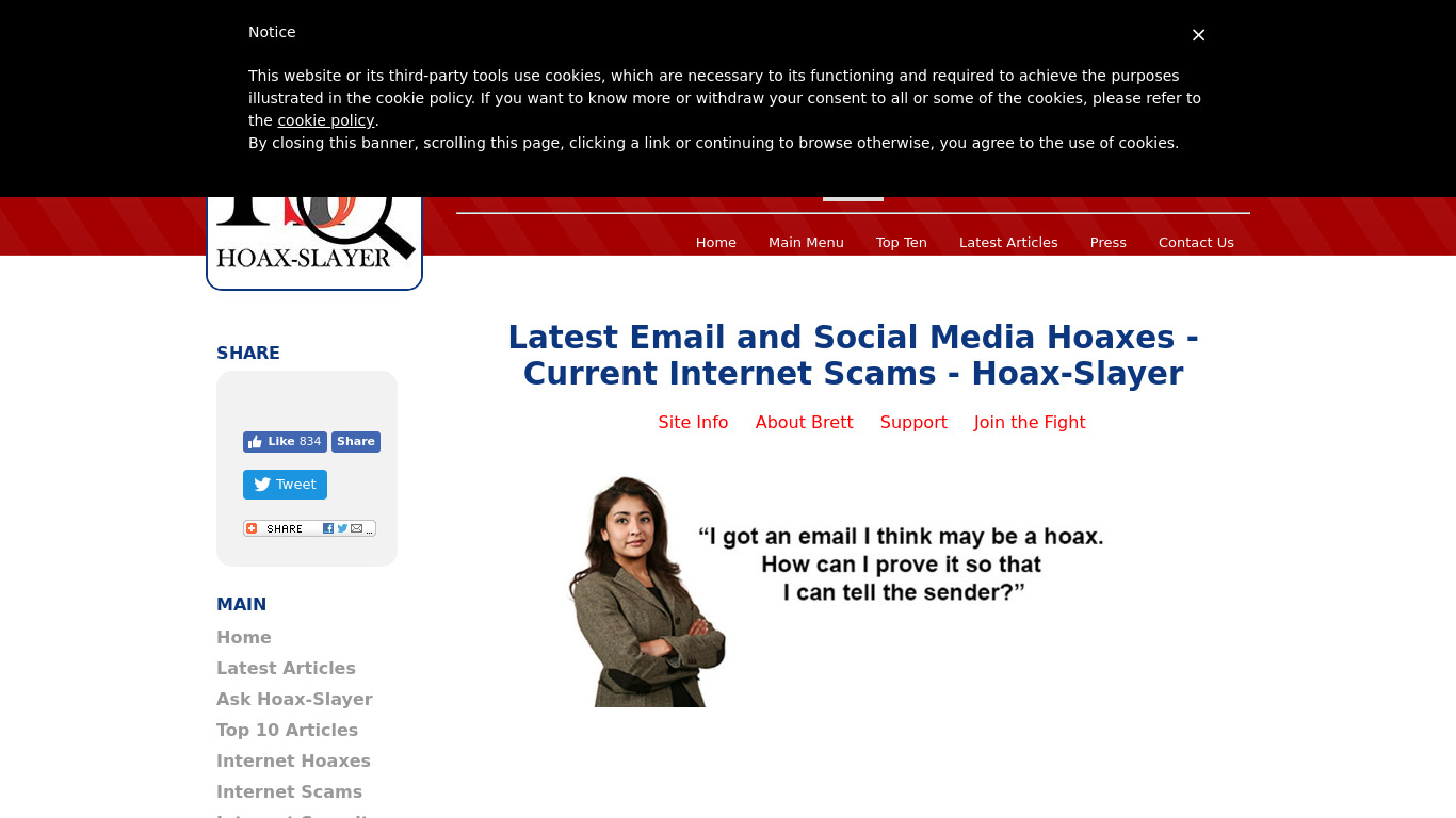 Hoax Slayer Landing page