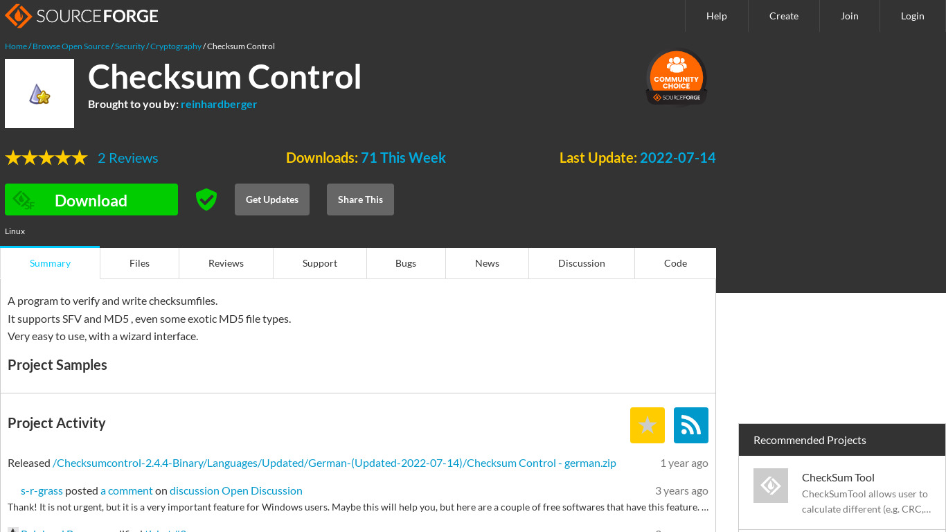 Checksum Control Landing page