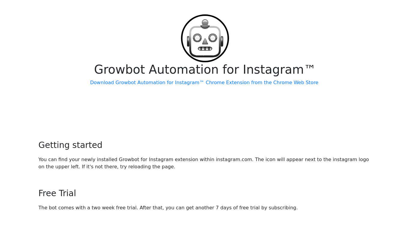 GrowBot Automator for Instagram Landing page