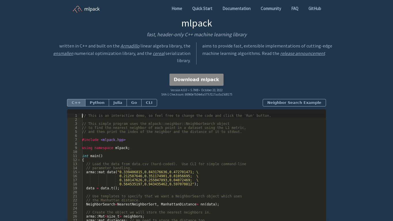 mlpack Landing page