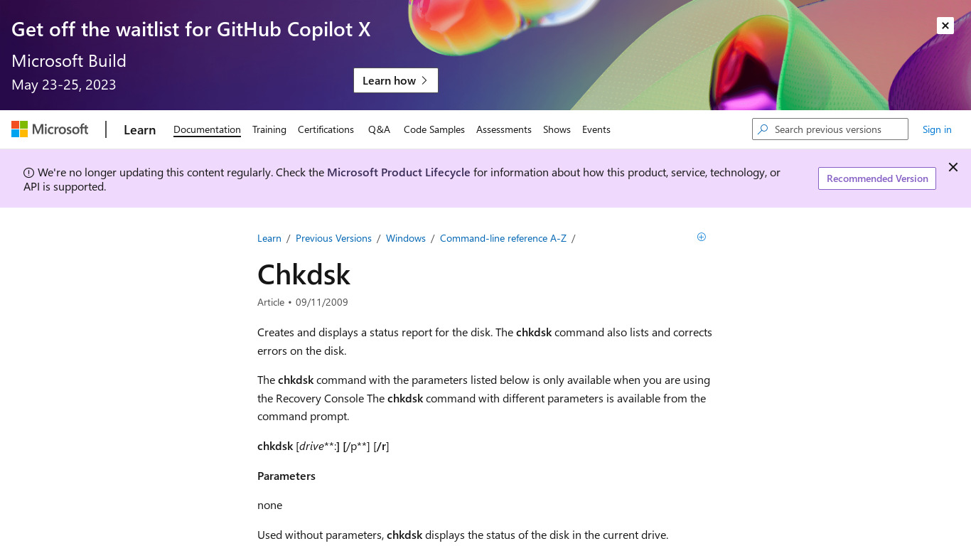 chkdsk Landing page