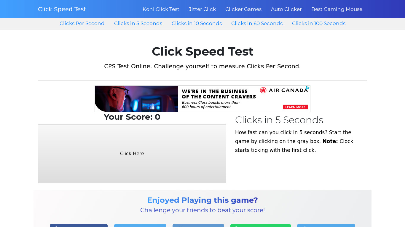 Click Speed Test Landing page