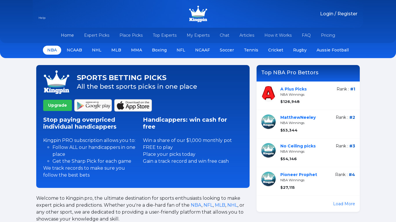 Sports Betting Tips by KingPin Landing page