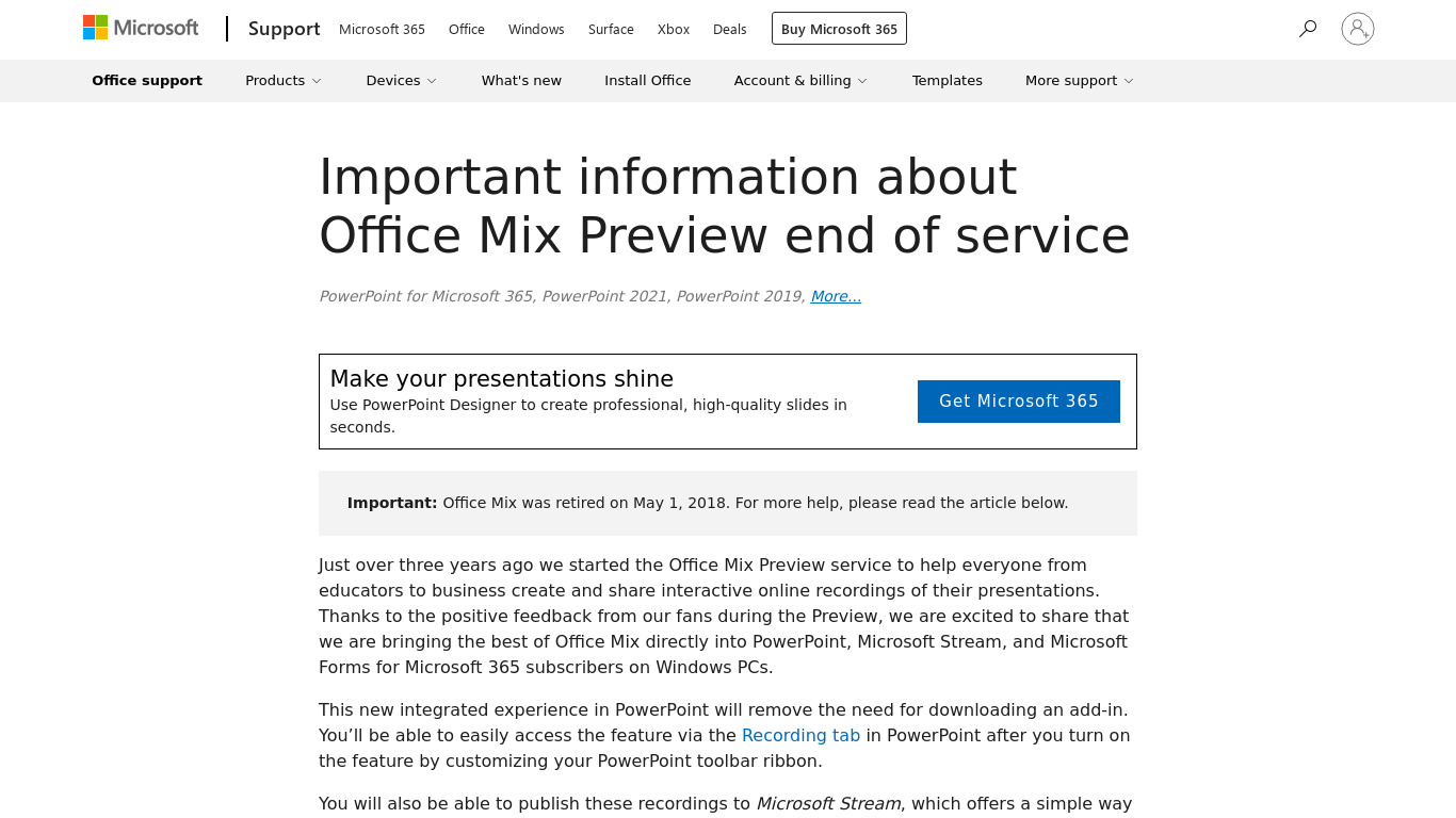 Office Mix Landing page