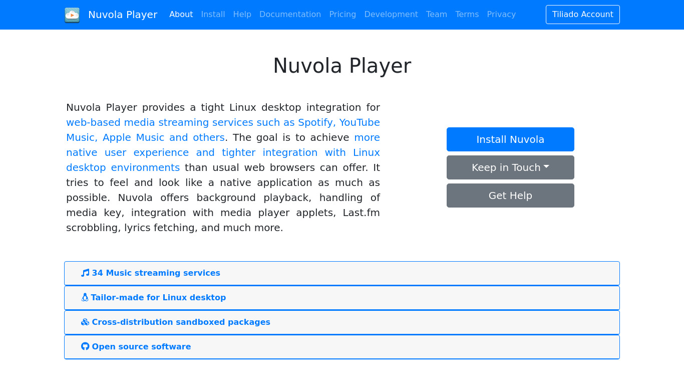 Nuvola Player Landing page